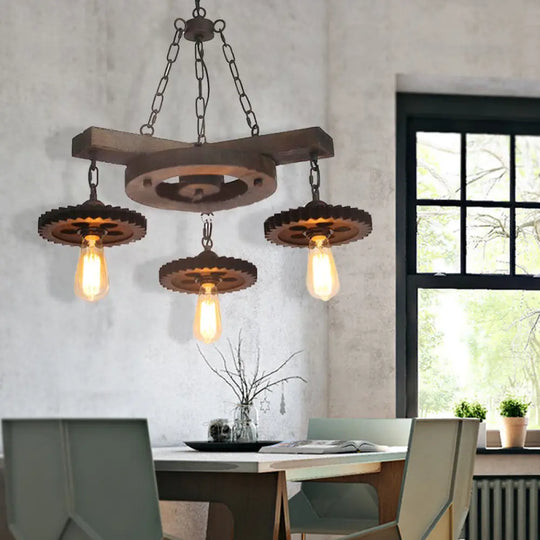 Black Industrial Chandelier: 3/7-Light Metal Gear Down Lighting With Wooden Shelf 3 /