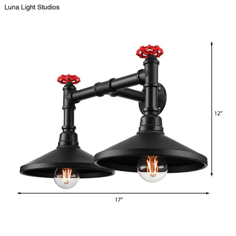 Black Industrial Cone Wall Mounted Light With Red Valve: 2 Heads Metal Lamp For Hallway