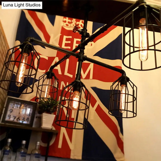 Black Industrial Iron Semi Flush Mount Ceiling Light With Metallic Wire Cage & Water Pipe 1 For