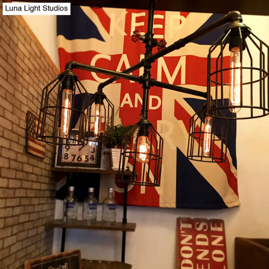 Black Industrial Iron Semi Flush Mount Ceiling Light With Metallic Wire Cage & Water Pipe 1 For