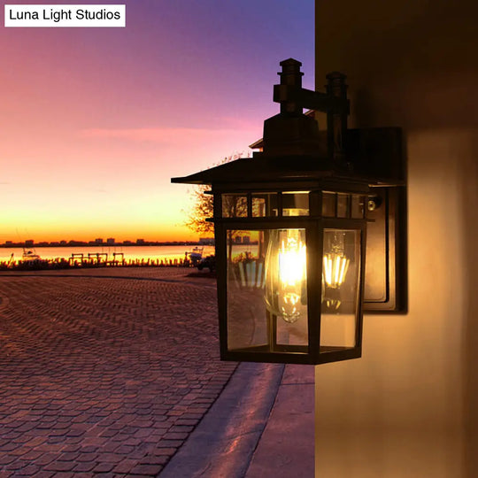 Black Industrial Lantern Wall Sconce - Clear Glass Hanging Light With Single Bulb For Porch