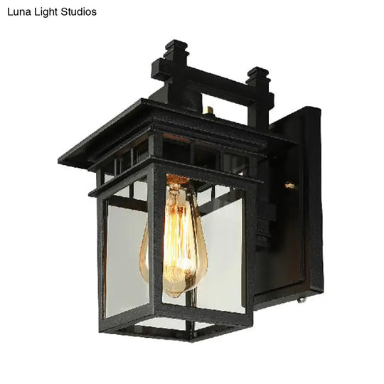 Black Industrial Lantern Wall Sconce - Clear Glass Hanging Light With Single Bulb For Porch