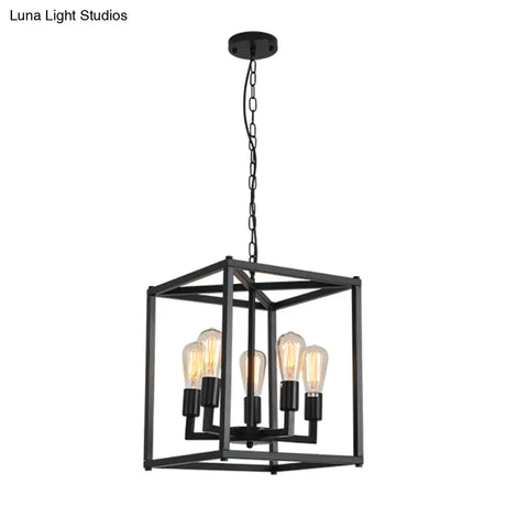 Black Industrial Retro Metal Diner Pendant Chandelier - Square Cage Hanging Lamp