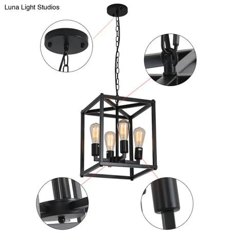 Black Industrial Retro Metal Diner Pendant Chandelier - Square Cage Hanging Lamp