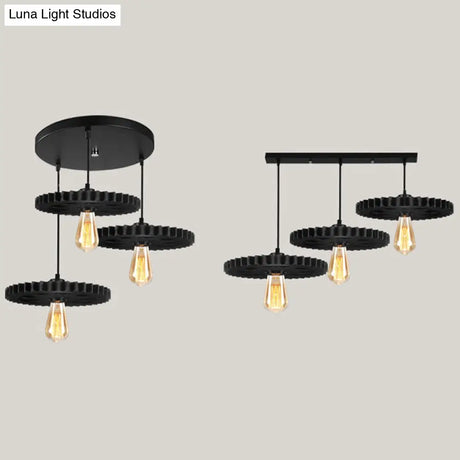 Black Industrial Style Metal Pendant Light With Open Bulb And Gear Decoration