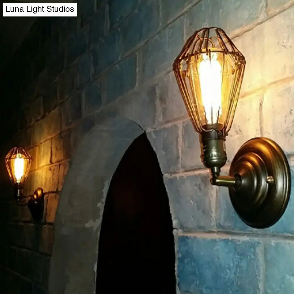 Black Industrial Wall Mount Iron Light Fixture With Single Pear Cage Bulb
