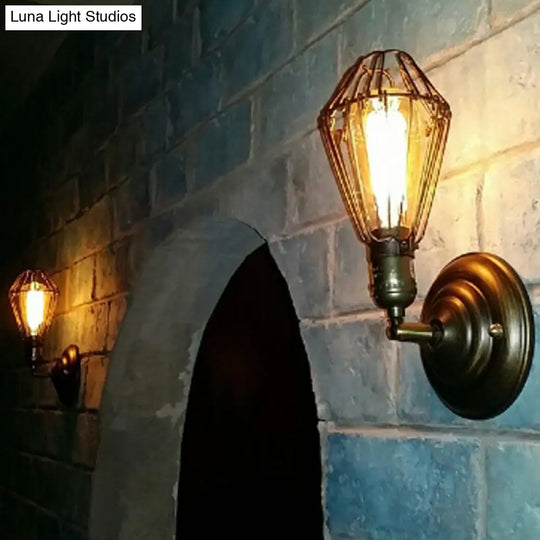 Black Industrial Wall Mount Iron Light Fixture With Single Pear Cage Bulb