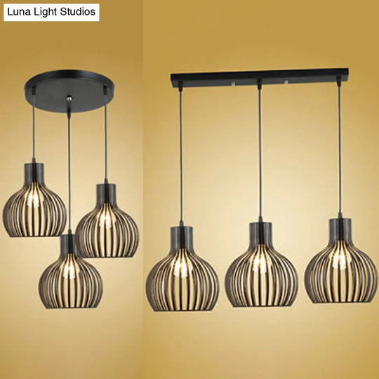 Black Iron 3-Light Onion Dining Room Pendant With Stylish Cage Shade For Loft - Hanging Light