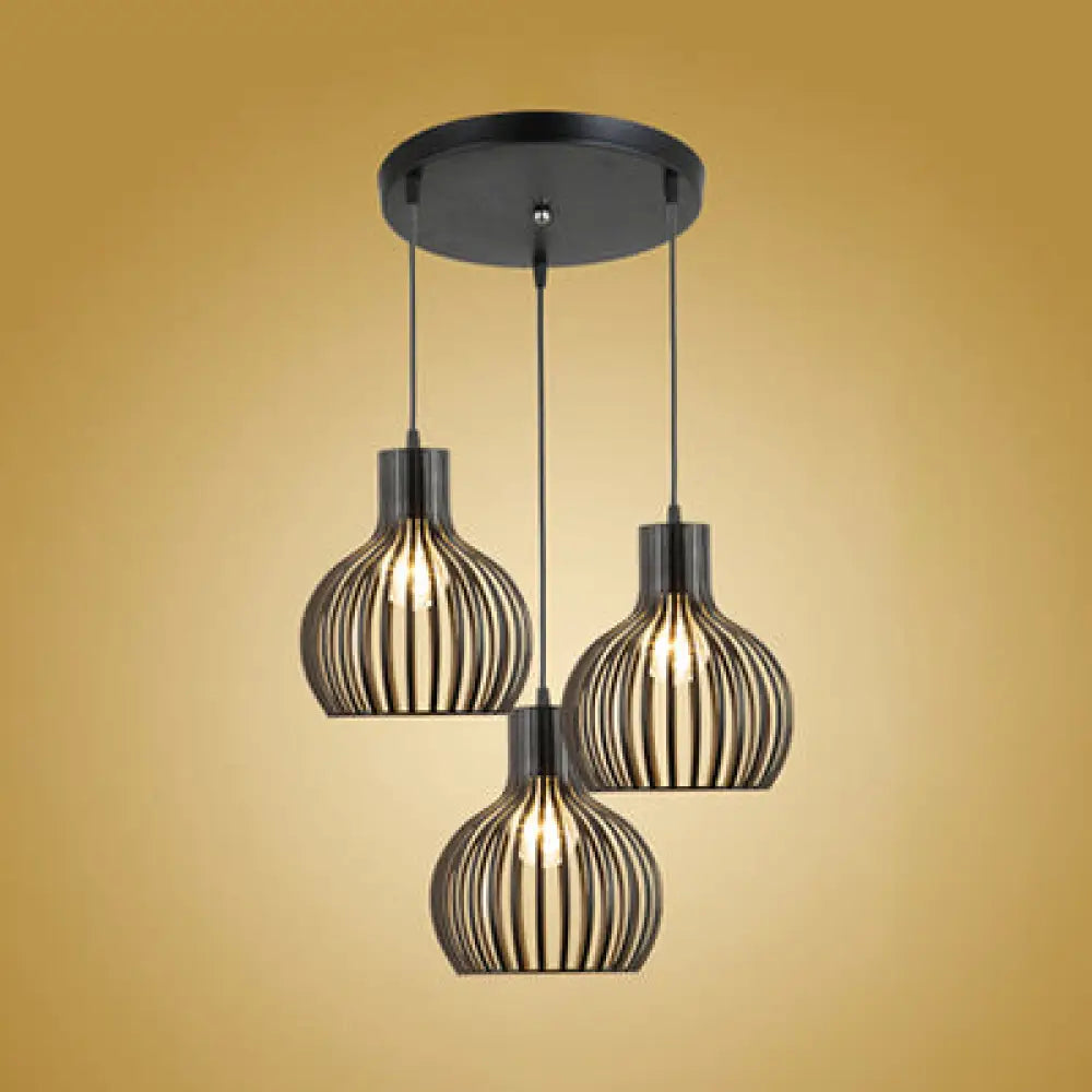 Black Iron 3-Light Onion Dining Room Pendant With Stylish Cage Shade For Loft - Hanging Light