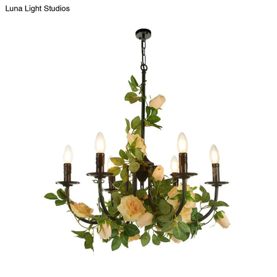 Black Iron Candlestick Chandelier Lamp - 6 Heads Pendant Light Fixture With Rose Decor Factory