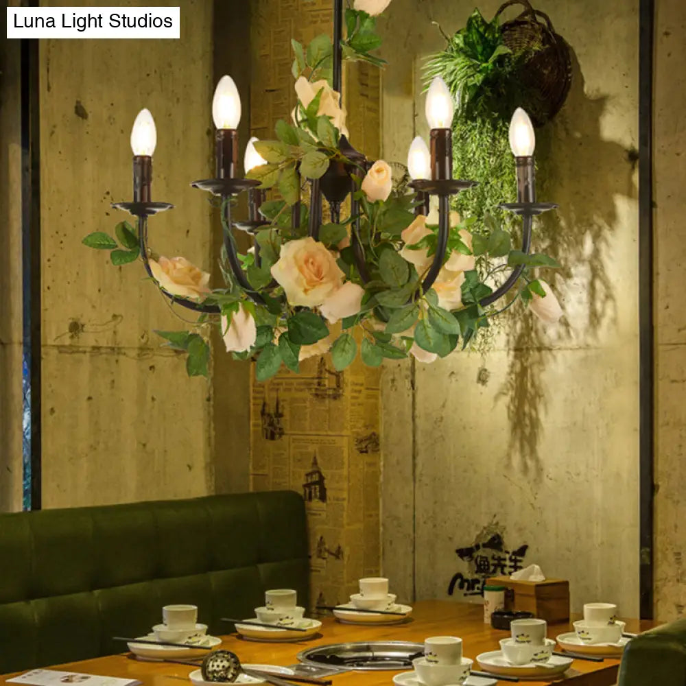 Black Iron Chandelier Lamp With 6 Rose-Decorated Heads