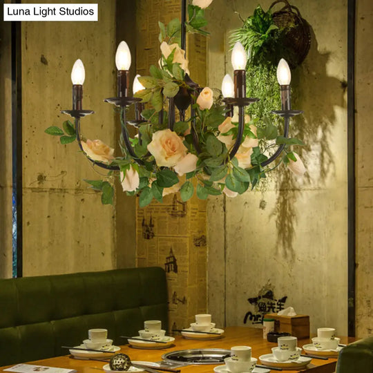 Black Iron Candlestick Chandelier Lamp - 6 Heads Pendant Light Fixture With Rose Decor Factory