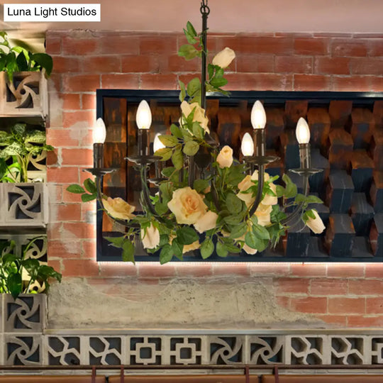 Black Iron Candlestick Chandelier Lamp - 6 Heads Pendant Light Fixture With Rose Decor Factory