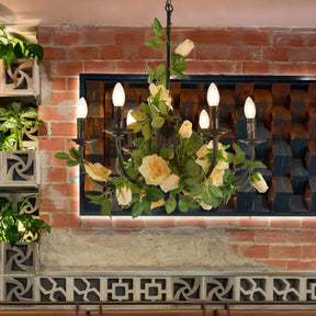 Black Iron Chandelier Lamp With 6 Rose-Decorated Heads