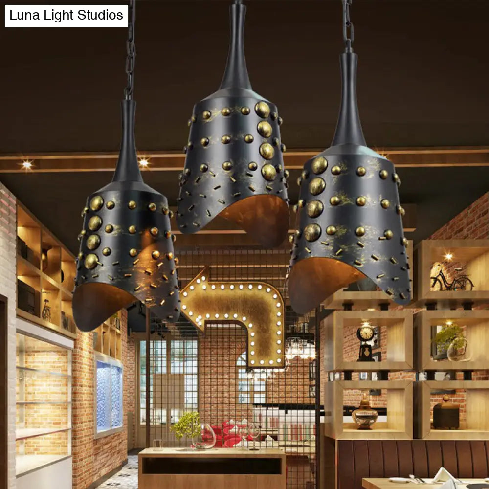 Black Iron Cone Pendant Light Set With 3 Hanging Ceiling Fixtures And Ruffle Edge For Kitchen
