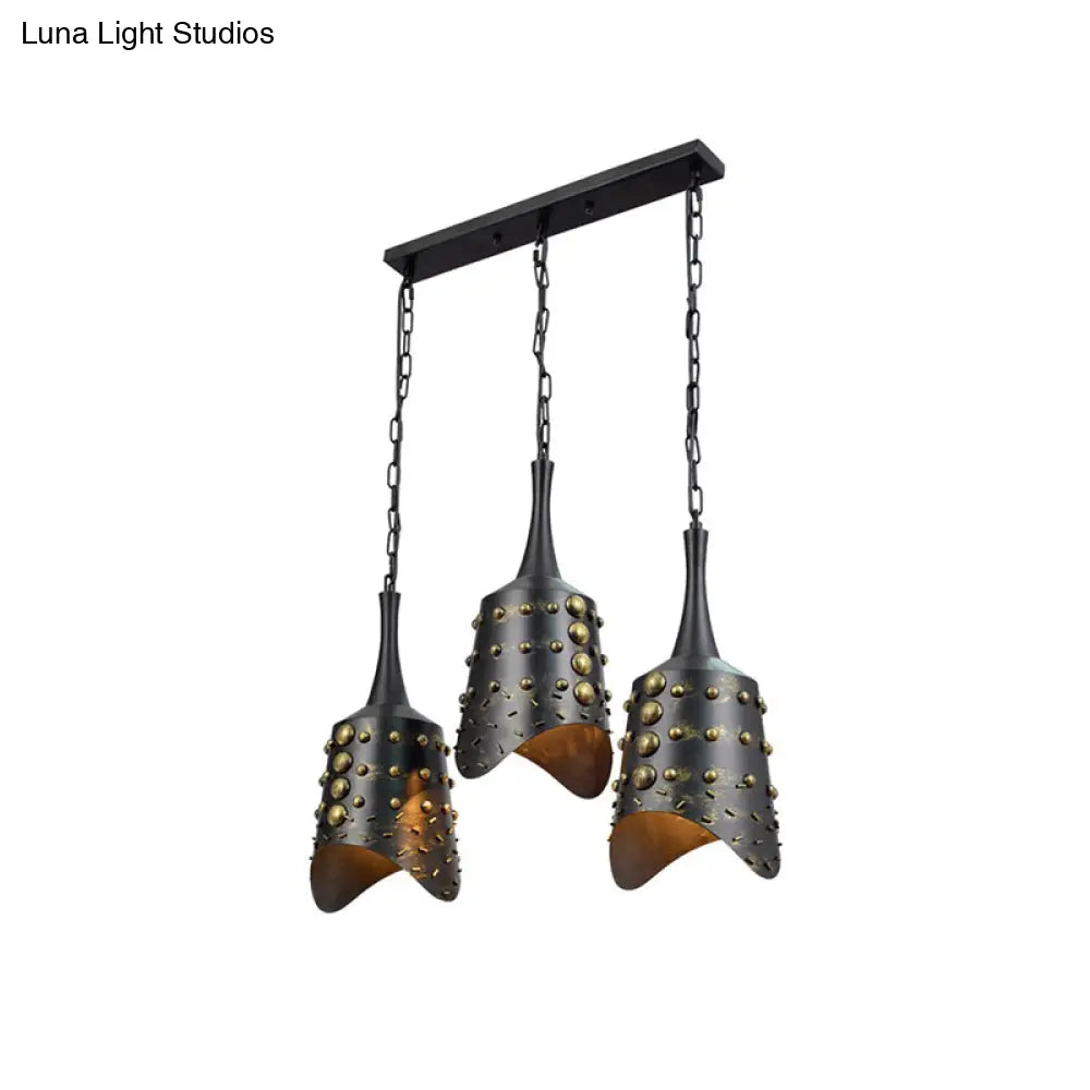 Black Iron Cone Pendant Light Set With 3 Hanging Ceiling Fixtures And Ruffle Edge For Kitchen