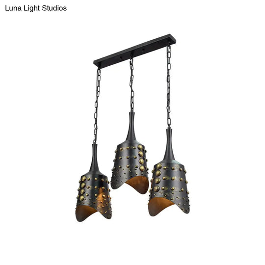 Black Iron Cone Pendant Light Set With 3 Hanging Ceiling Fixtures And Ruffle Edge For Kitchen