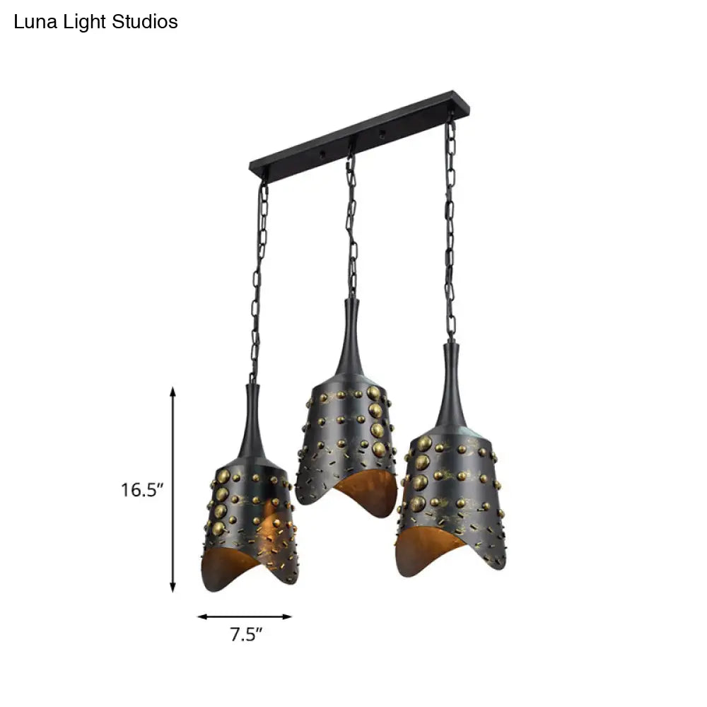 Black Iron Cone Pendant Light Set With 3 Hanging Ceiling Fixtures And Ruffle Edge For Kitchen