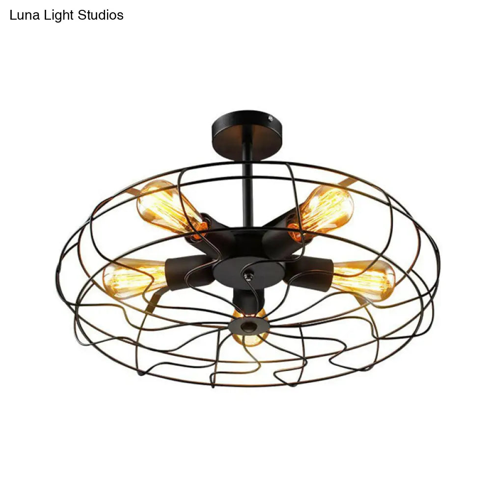 Black Iron Fan Cage Chandelier With 5 Bulbs - Simple Ceiling Light Fixture