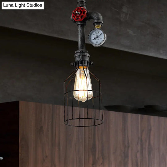 Black Industrial Wire Guard Hanging Light With 1 Head Gauge And Valve