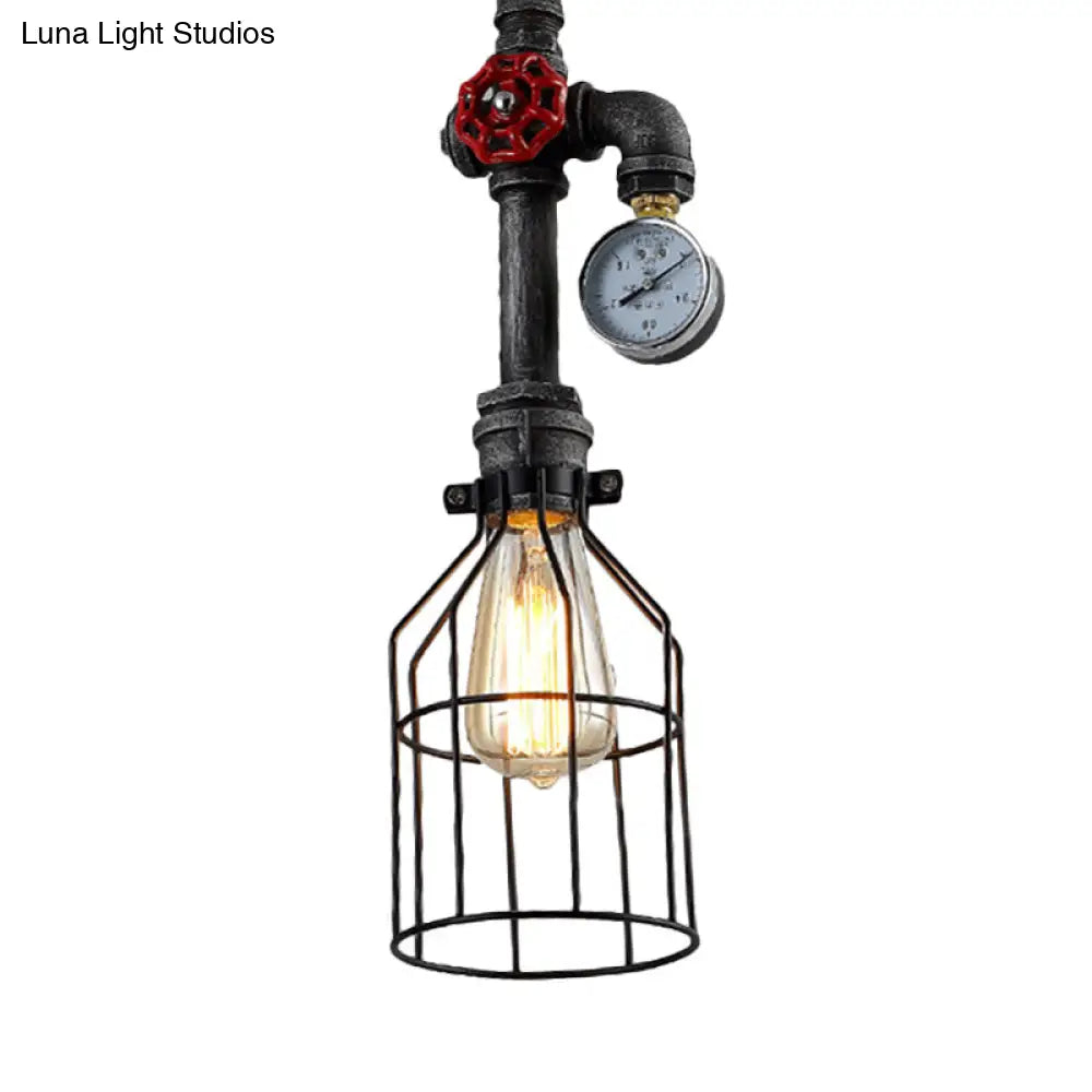 Black Industrial Wire Guard Hanging Light With 1 Head Gauge And Valve