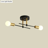 Black Iron Linear Semi Flush Mount Ceiling Light With 2 Bulbs - Minimalist Bedroom Fixture