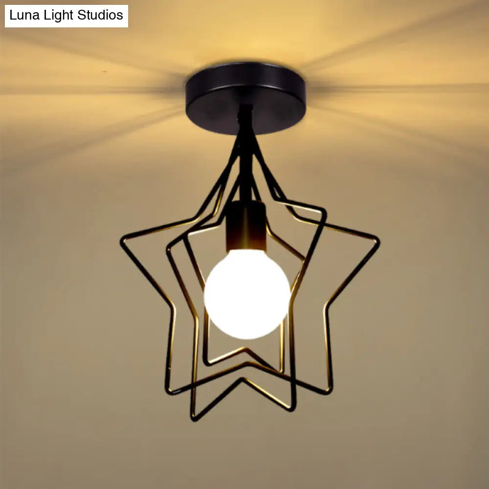 Black Iron Star Semi Flush Mount Ceiling Light For Living Room - Vintage 1-Light Fixture