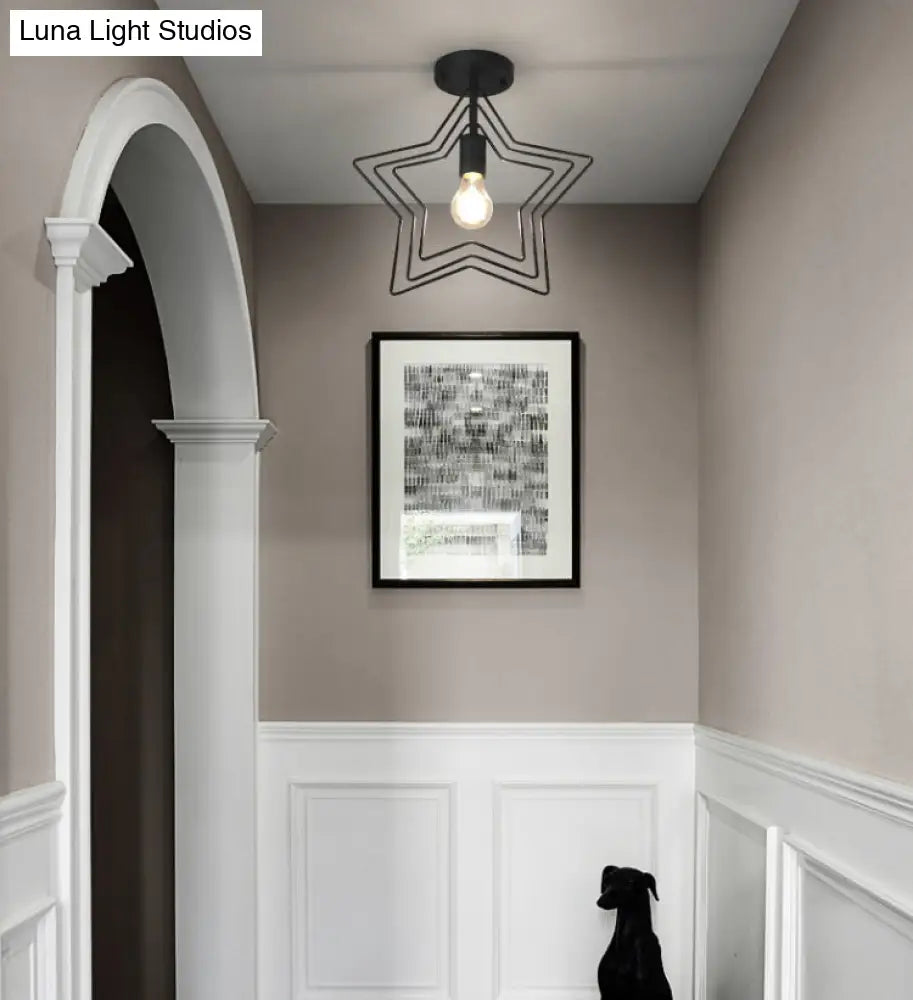 Black Iron Star Semi Flush Mount Ceiling Light For Living Room - Vintage 1-Light Fixture