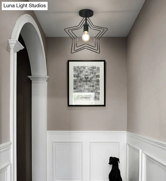 Black Iron Star Semi Flush Mount Ceiling Light For Living Room - Vintage 1-Light Fixture