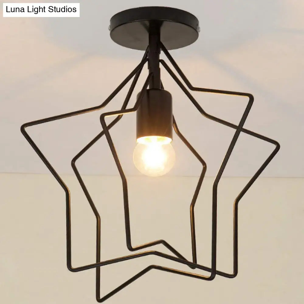 Black Iron Star Semi Flush Mount Ceiling Light For Living Room - Vintage 1-Light Fixture
