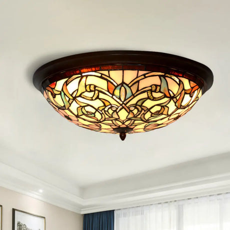 Black - Led Ceiling Flush Mount - Tiffany Cut Glass Swirl Flower Lighting Black