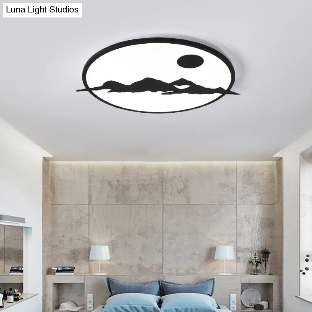 Black Led Ceiling Lamp: Creative Sun Mountain Acrylic Flush Light For Living Room & Office / 23.5