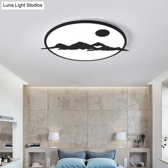 Black Led Ceiling Lamp: Creative Sun Mountain Acrylic Flush Light For Living Room & Office / 23.5