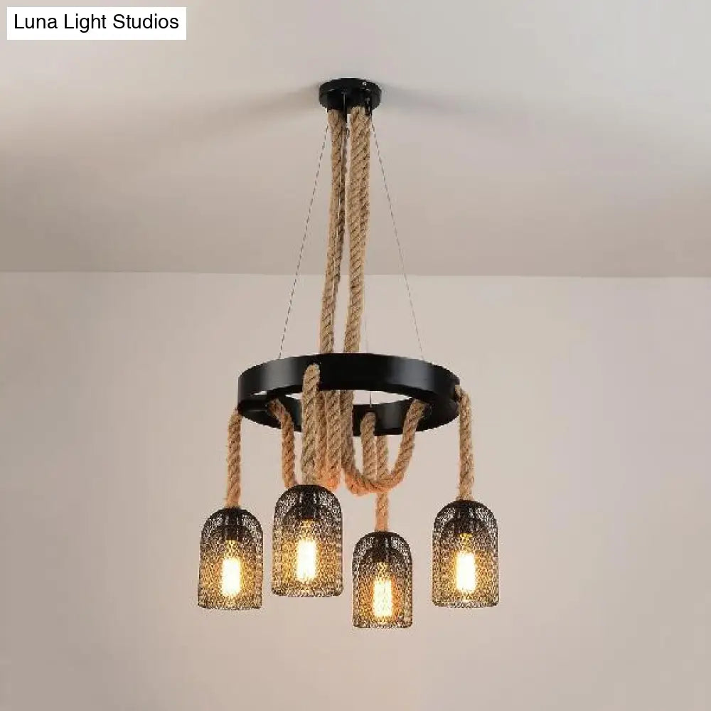 Industrial Black Mesh Ring Hanging Chandelier With 4 Lights - Stylish Foyer Lighting