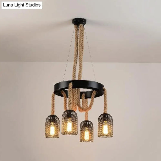 Industrial Black Mesh Ring Hanging Chandelier With 4 Lights - Stylish Foyer Lighting