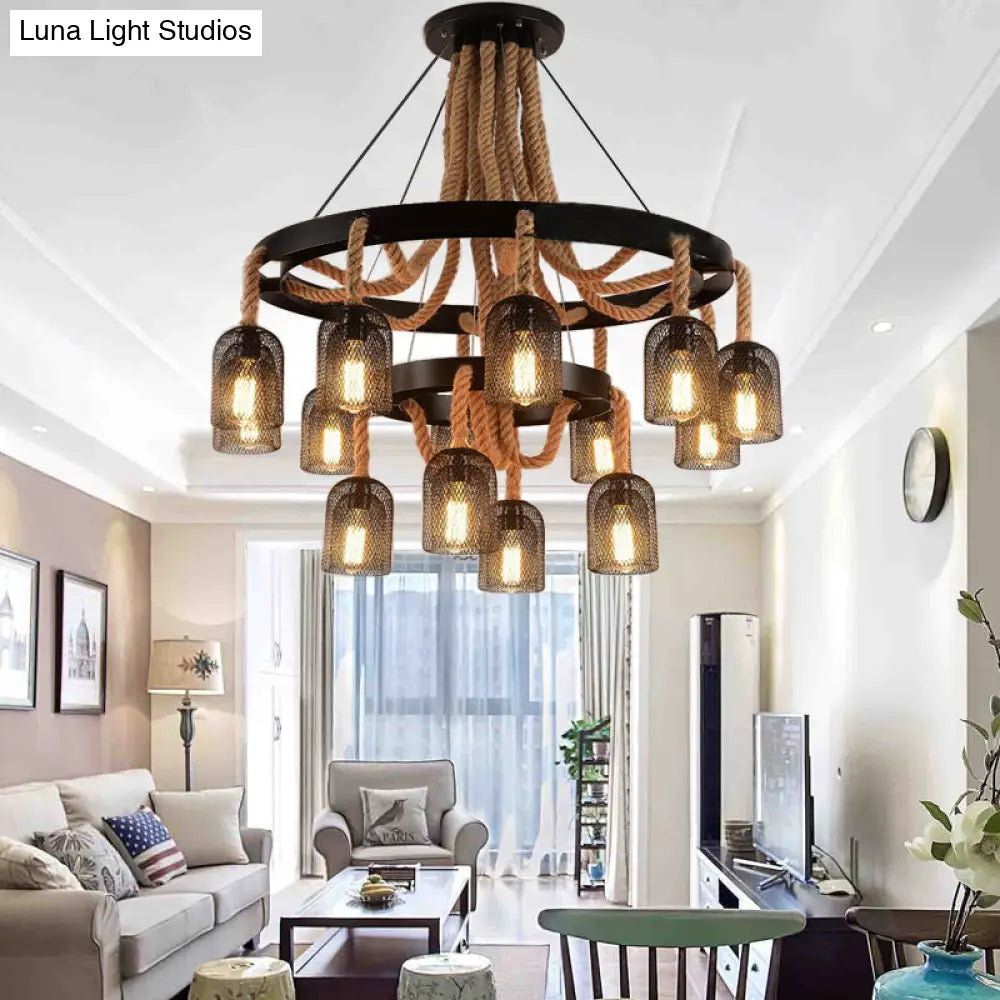 Black Mesh Shade 4-Light Ring Hanging Chandelier With Rope Detail - Industrial Foyer Lamp