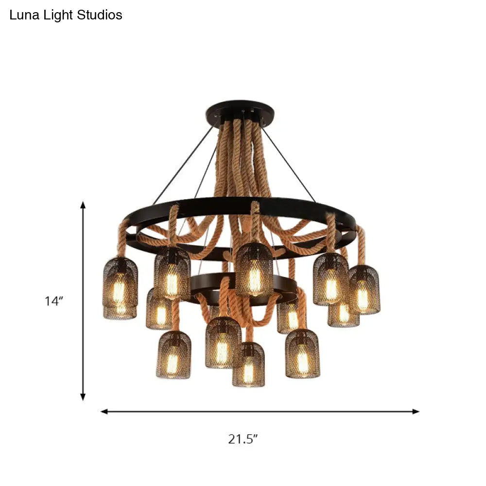 Black Mesh Shade 4-Light Ring Hanging Chandelier With Rope Detail - Industrial Foyer Lamp