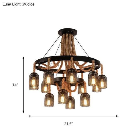 Black Mesh Shade 4-Light Ring Hanging Chandelier With Rope Detail - Industrial Foyer Lamp