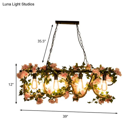 Black Metal 4-Light Linear Island Lamp With Hanging Artificial Plant - Lodge Style