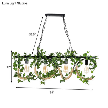 Black Metal 4-Light Linear Island Lamp With Hanging Artificial Plant - Lodge Style