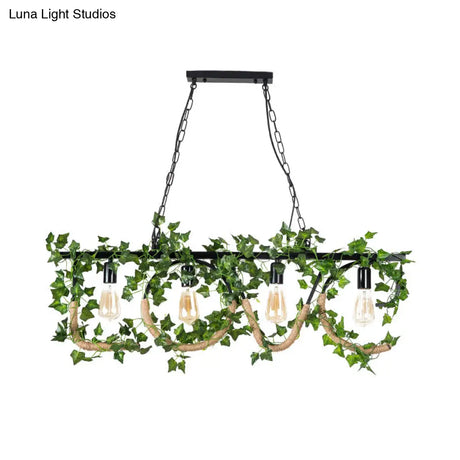 Black Metal 4-Light Linear Island Lamp With Hanging Artificial Plant - Lodge Style