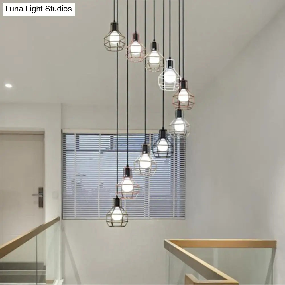 Modern Metal 7-Light Pendant Lamp In Black - Globe Cage Design Perfect For Stairs And Ceilings