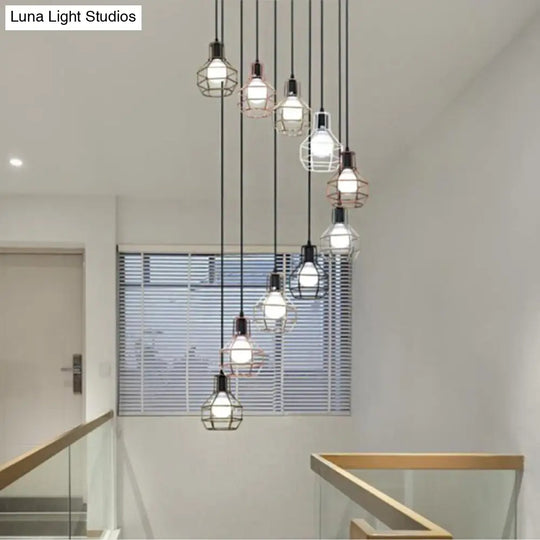 Modern Metal 7-Light Pendant Lamp In Black - Globe Cage Design Perfect For Stairs And Ceilings