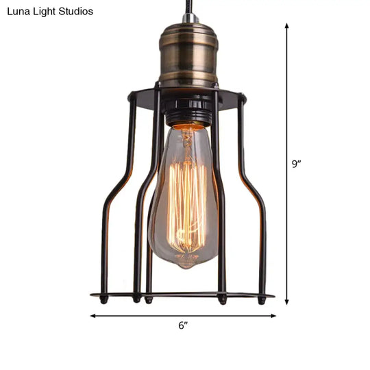 Black Metal Cage Single-Bulb Pendant Light For Warehouse Suspension