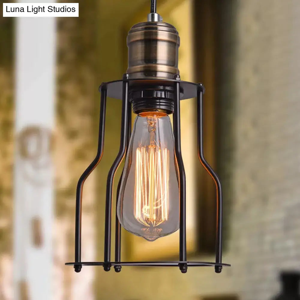 Black Caged Metal Pendant Light With Single Bulb Suspension For Warehouse