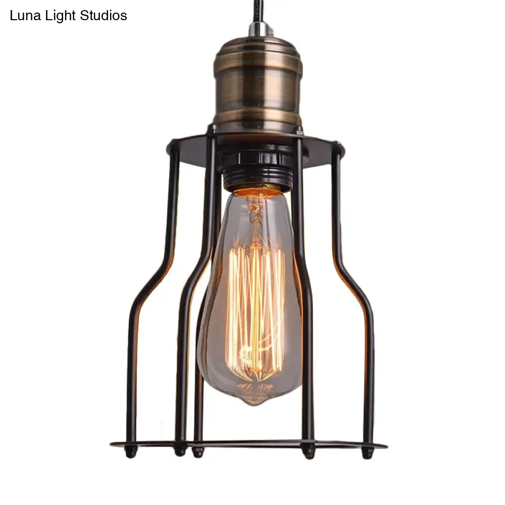 Black Metal Cage Single-Bulb Pendant Light For Warehouse Suspension