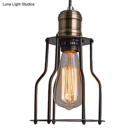 Black Metal Cage Single-Bulb Pendant Light For Warehouse Suspension