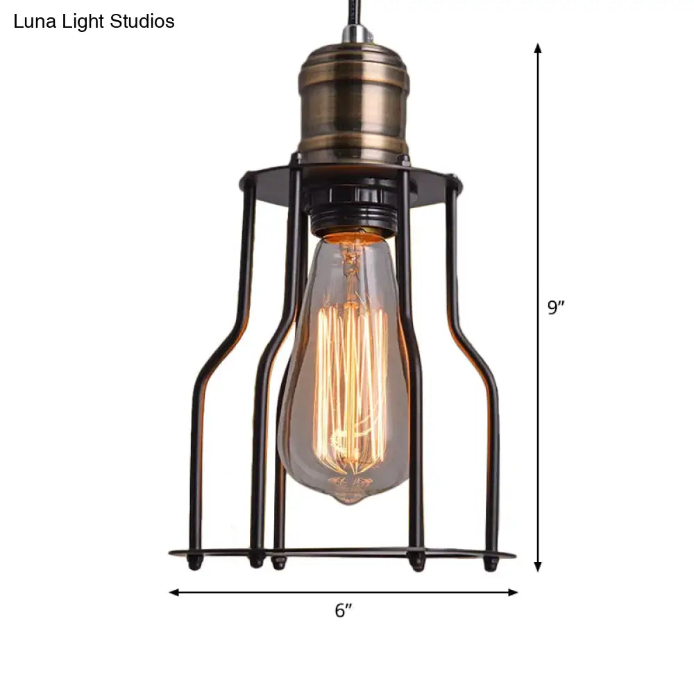 Black Caged Metal Pendant Light With Single Bulb Suspension For Warehouse