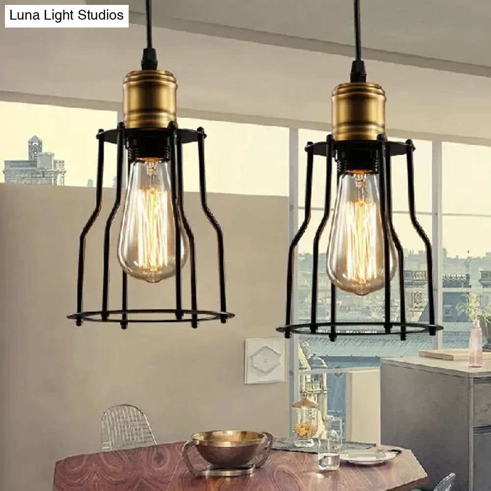 Black Caged Metal Pendant Light With Single Bulb Suspension For Warehouse