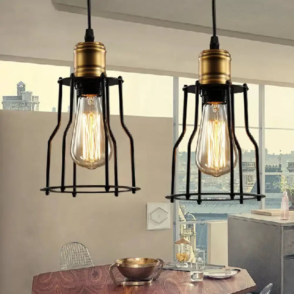 Black Metal Cage Single-Bulb Pendant Light For Warehouse Suspension